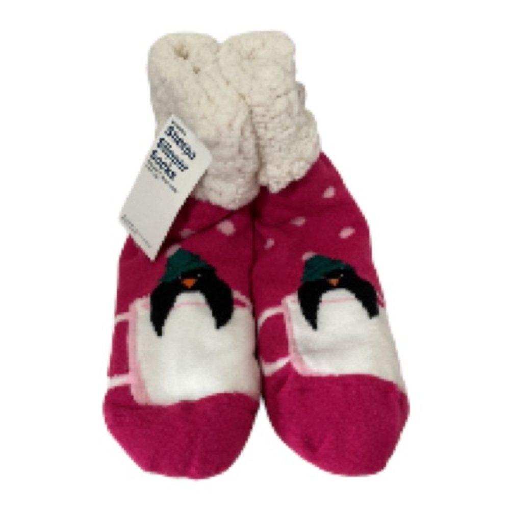 COZY SLIPPER SOCKS Pink Penguin Sherpa Lined with Anti Slip Grippers on Bottom